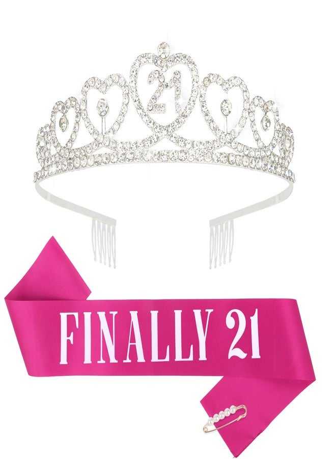 Amariver Finally 21 Silver Crown with Rhinestones & Hot Pink Sash - 21st Birthday Tiara & Party Supplies - Image 1